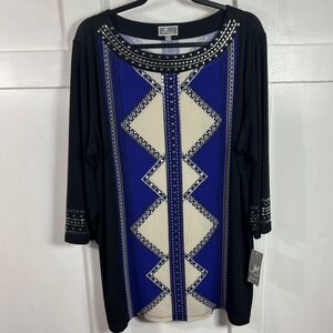JM Collection Woman Plus Size 2X Black Blue Cream Geometric Studded Tunic Top
